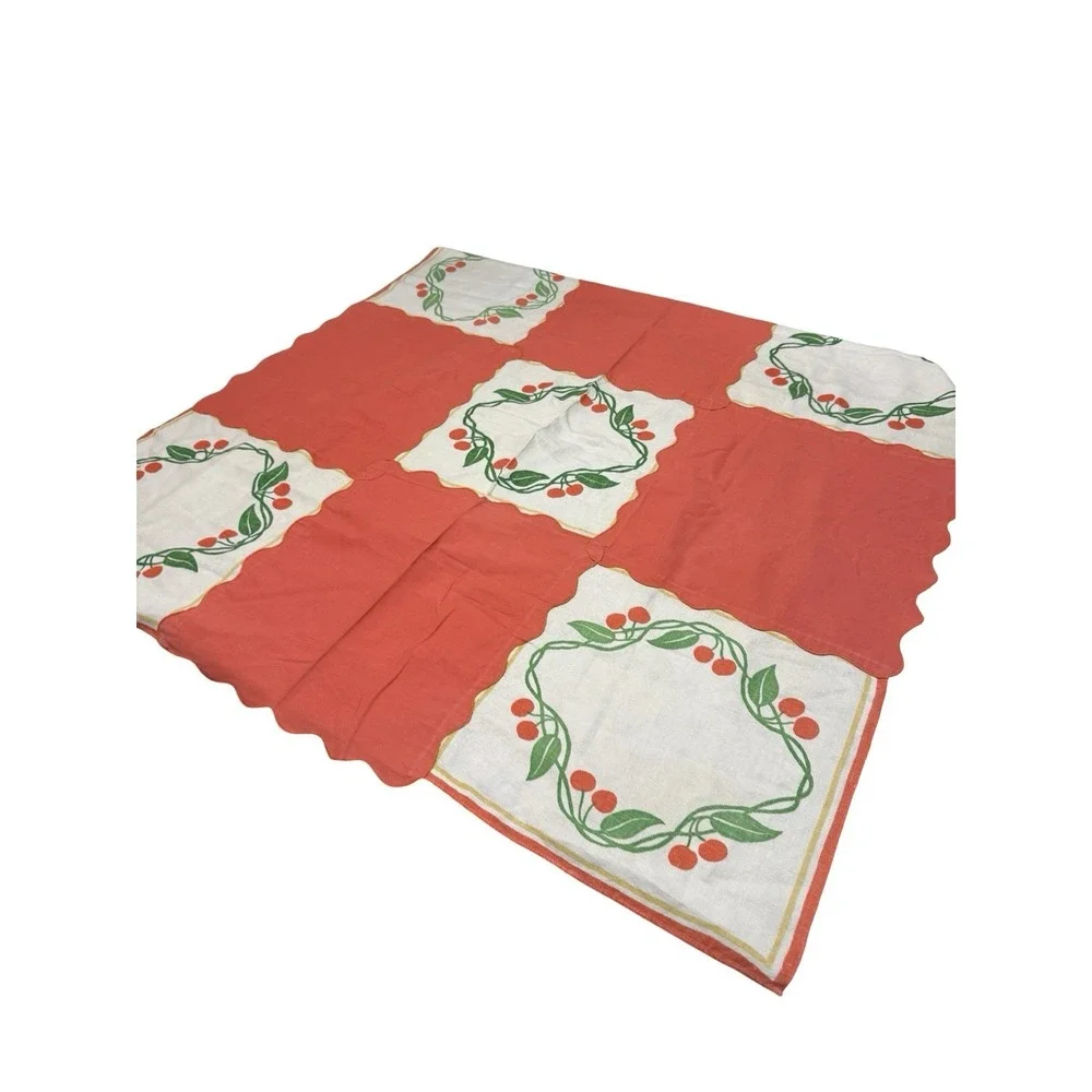 Vintage Handmade Handkerchief Patchwork Tablecloth 44x44 Cherry Scalloped